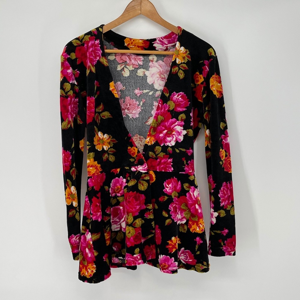 Vintage Betsey Johnson Punk Velvet Floral Cardigan 80s Deep V Grunge Goth Rareโ